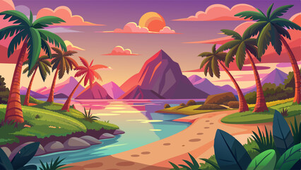 Tropical lagoon landscape on sunset or sunrise. Cartoon summer vector scenery with coconuts on palm trees, pathway along sea or ocean shore, calm water, mountain hills and pink dawn or dusk sky.