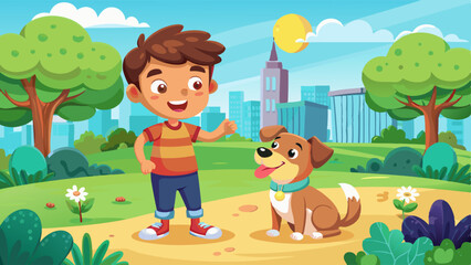 Little kid boy playing with dog in public city park. Cartoon vector illustration of happy smiling child with pet. Friendship between puppy in collar and baby owner. Summer sunny or spring day.