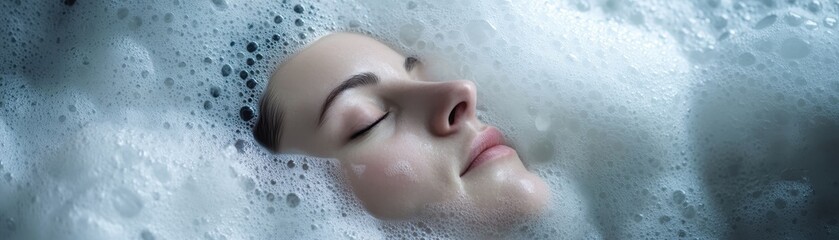 A serene face of woman dissolving into ocean foam, creating tranquil and dreamlike atmosphere. soft bubbles envelop her, evoking sense of calm and peace