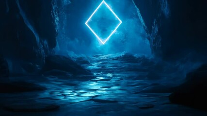 Poster - 3d animation of a glowing blue rhombus in a cave with mystical light