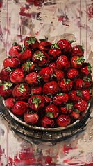 Wall Mural - A bowl overflowing with vibrant red strawberries, painted in a bold and colorful style.