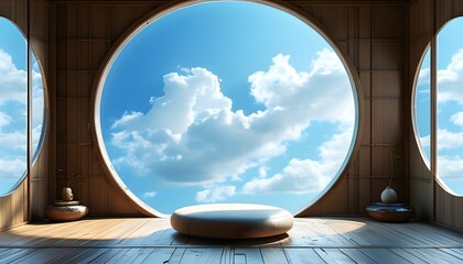 Tranquil meditation space featuring a circular window framing a peaceful blue sky and drifting clouds