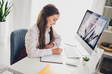 Wall Mural - Photo portrait of cute adorable teen girl computer elearning write notebook wear uniform remote lesson education from home indoors