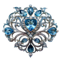 Ornate Silver Brooch Adorned with Blue Gemstones and Design Details