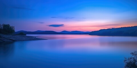 A tranquil sunset scene with calm, glassy waters reflecting the colorful sky, framed by distant hills and soft clouds.