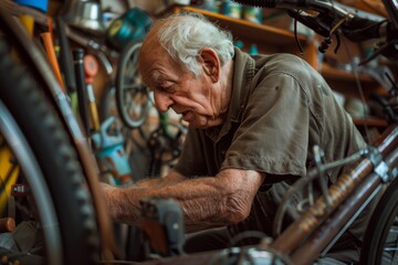 Senior Man Fixing Bicycle in Workshop