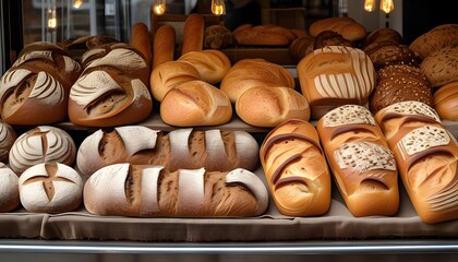 Artisan breads beautifully arranged in a charming bakery setting