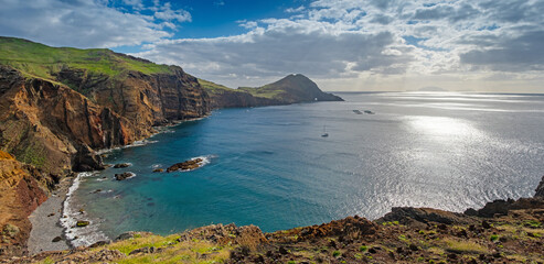 Ponta de Sao Lourenco Madeira Portugal. Scenic mountain view of green landscape, cliffs and Atlantic Ocean. Hiking active day, travel background