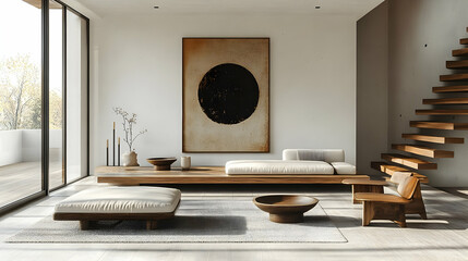 Wall Mural - Modern minimalist living room with natural materials and artistic decor.