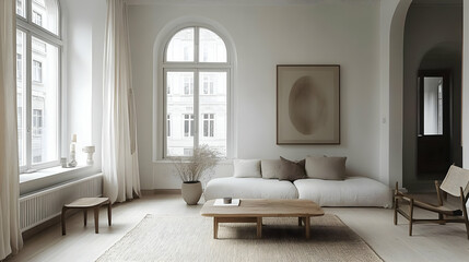 Wall Mural - Modern minimalist living room with neutral tones and natural elements.