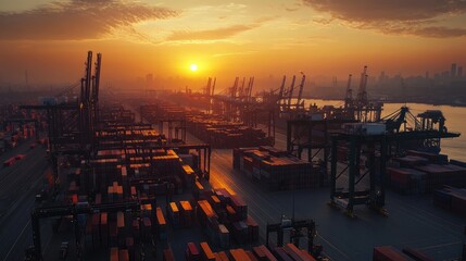 Wall Mural - Aerial view of a busy container port at sunset with cranes and cargo containers.