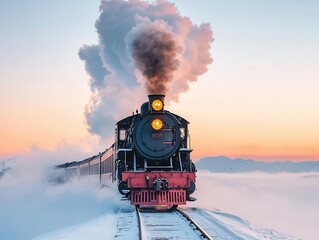 Vintage steam train crossing a snow-covered bridge at sunrise, smoke billowing into the cold morning air, train sunrise winter, nostalgic journey