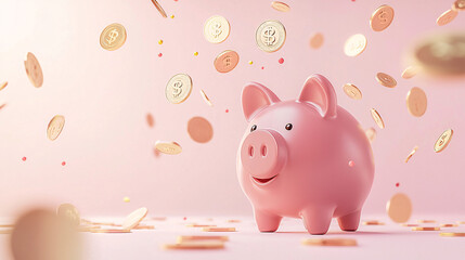 A 3D-rendered piggy bank with coins and financial symbols floating above, placed on a pastel light pink background, symbolizing savings and investment planning 