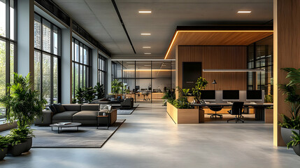 Wall Mural - Modern office space with plants, cozy seating, and workstations for collaboration and productivity.