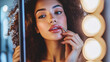 © Wanilla Artworks - A woman applying a lip gloss in front of a mirror, showcasing a natural, dewy makeup look.