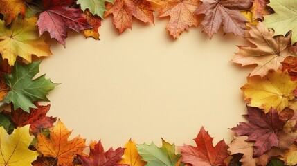 Wall Mural - Colorful fall leaves framing a blank, solid color background, providing ample space for text in a seasonal design