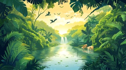 Lush Tropical Jungle with Waterfall and River  Sunlight  Palm Trees  Birds  Wildlife  Landscape  Nature Scene