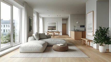 Wall Mural - Modern, minimalist living room with natural light and cozy furnishings.