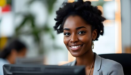 Wall Mural - Confident Black Woman Merging Technology and Business Skills While Smiling at Her Computer