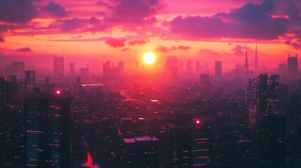 A vibrant pink and orange sunset over a futuristic cityscape with tall buildings and glowing lights.