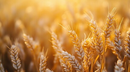 golden wheat spikelets in a field, close-up view of wheat ears, harvest concept in agriculture and food production