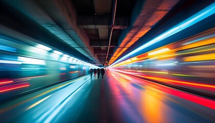 Wall Mural - Energetic motion of urban transport amid blurred lights and rushing crowds in the citys dynamic underground environment