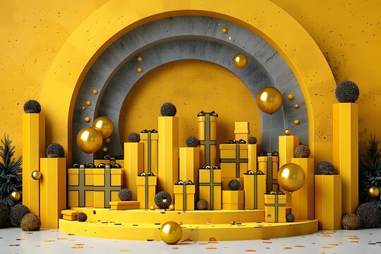 Gold podium with balloons and gifts marks special events.