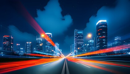 Wall Mural - Vibrant cityscape at night showcasing the fusion of cloud technology and innovative design through illuminated roads and dynamic motion