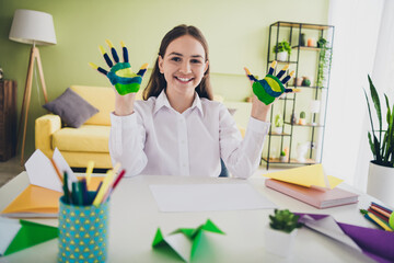 Poster - Photo portrait of cute teen schoolgirl painted palms creativity have fun wear uniform home education concept school interior