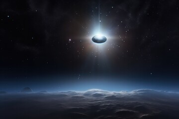Poster - A photorealistic depiction of a cell phone signal, depicted as a pulsating orb of light, traversing the atmosphere and reaching a satellite bathed in the glow of moonlight