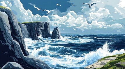 Sticker - Dramatic Ocean Waves Crashing on Rocky Coastline Under Blue Sky with Birds