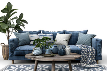 Sofa and decor on transparent background.3d rendering. Generative Ai.