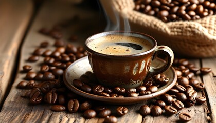 cozy coffee scene with mug on rustic table surrounded by aromatic coffee beans