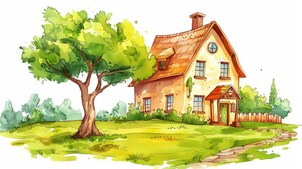 Wall Mural - cute house watercolor illustration material background painting generative ai