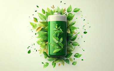 Eco-Friendly Battery Icon with Green Energy Theme and Leaves - Sustainability Concept for Environmentally Friendly Design