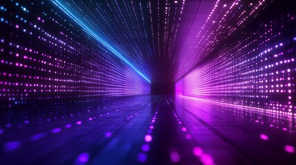 A futuristic hallway with glowing purple and blue lights, creating a vibrant and abstract scene.