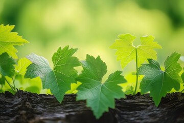 Wall Mural - Vibrant green leaves growing out from a tree trunk in a lush forest with a blurred natural background.