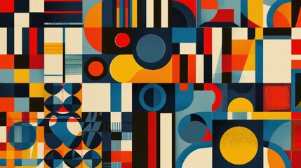Poster - A vibrant patchwork pattern of geometric shapes, reminiscent of 1970s retro design