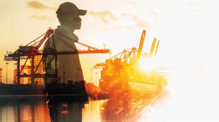 Wall Mural - Double exposure photography of engineer man and the business Logistics and transportation of Container Cargo ship and Cargo plane with working crane bridge