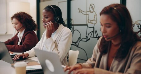 Poster - Call center, laptop and woman typing customer service email, support or listening for help. Computer, telemarketing or happy sales consultant talk to client for advice, faq or crm with business team