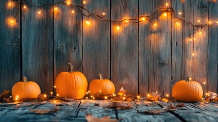 Wall Mural - Four pumpkins in front of rustic wooden wall with string lights and autumn leaves.