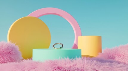 Aufkleber - 3D Render, Abstract Surreal landscape with an empty podium for product advertising on a colorful pastel dune of grassland with a glass circle on the dune over a sunset sky.