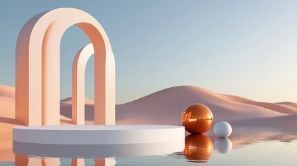 Canvas Print - A 3D rendering of a surreal landscape with colorful grasslands, an arch, and floating pastel balls.