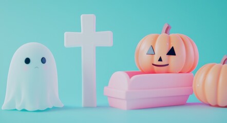 Poster - Halloween party celebration in 3D with display podium for mock up product, cute spooky cartoon element on purple pastel background.