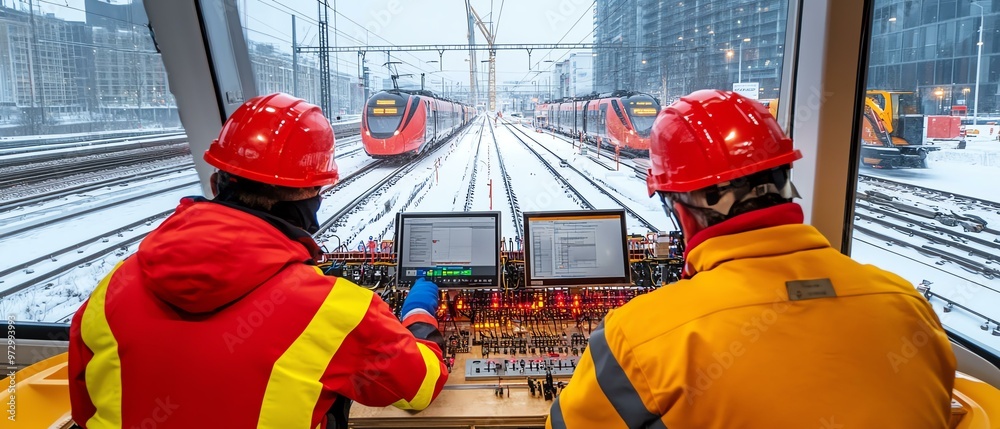 Two train operators in safety gear focus on the control panel while ...