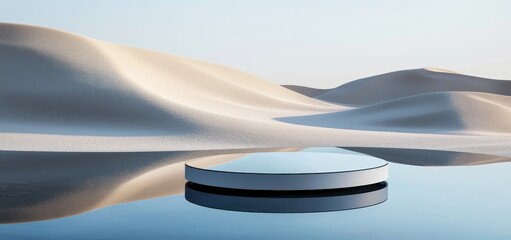 Aufkleber - Dream land background with podium stage platform. Abstract dune landscape with geometric arch in winter season. Fantasy island scenery with water and natural cloudy sky. 3d rendering.
