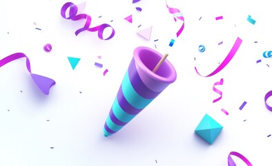 Poster - Rendering of a party popper with decorative elements, confetti, for celebration, holidays, new years, or special events.