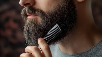 A man grooming his long beard with a comb in a softly lit indoor space, focusing on self-care and grooming techniques