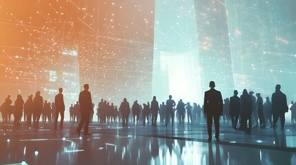 Wall Mural - A crowd of business people in an office space, connected by glowing data connections to each other and the building they stand inside