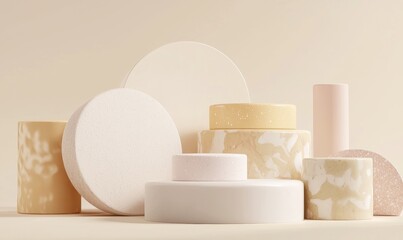 Fototapete - Render of cylinder pedestal showcase scene, geometric shapes background and realistic pastel display podium for product mockups.